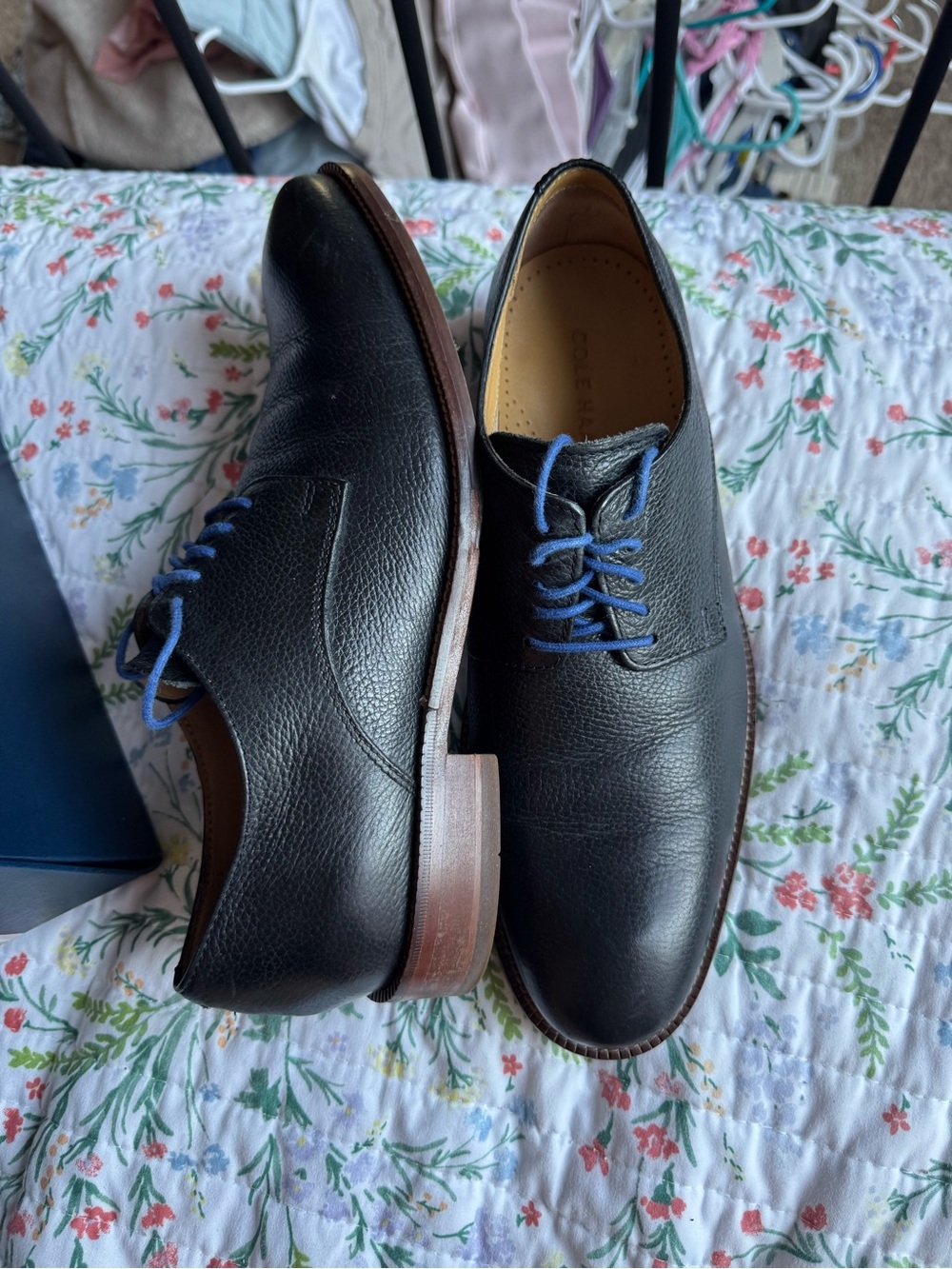 Cole Haan Men's Black Leather Derby Shoes with Blue Laces